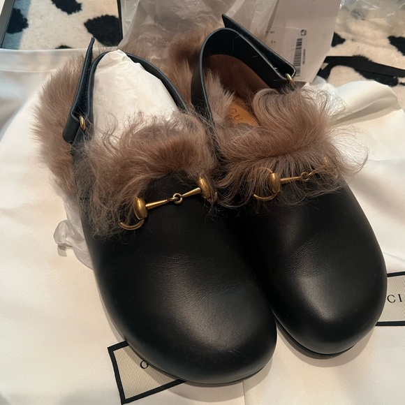 Gucci River RARE black leather horsebit kangaroo fur lined slipper mules men 5.5 - Picture 4 of 11